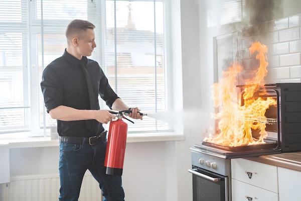 Feuer löschen in de Küche mit einem Feuerlöscher