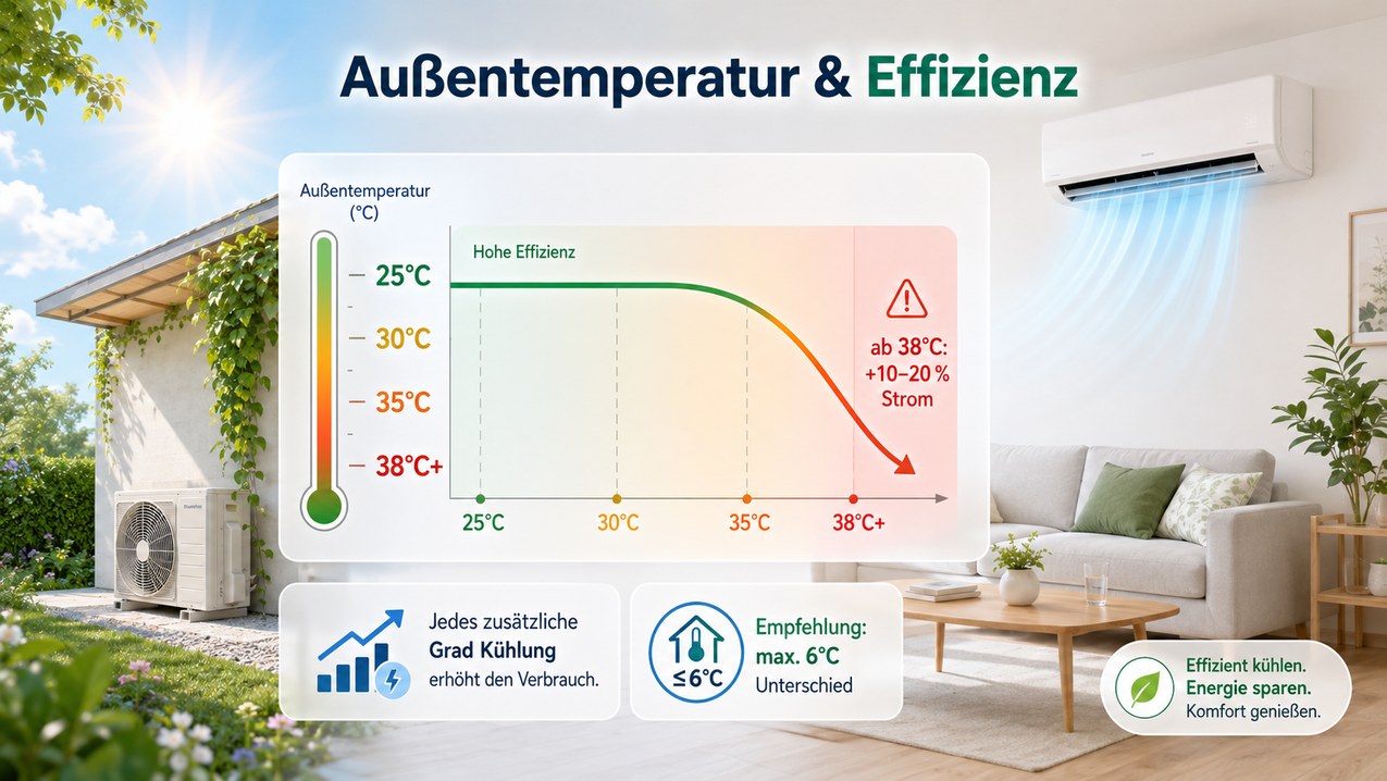 Außentemperatur und Effizienzkurve bei einer Klimaanlage mit Solarstrom Betrieb