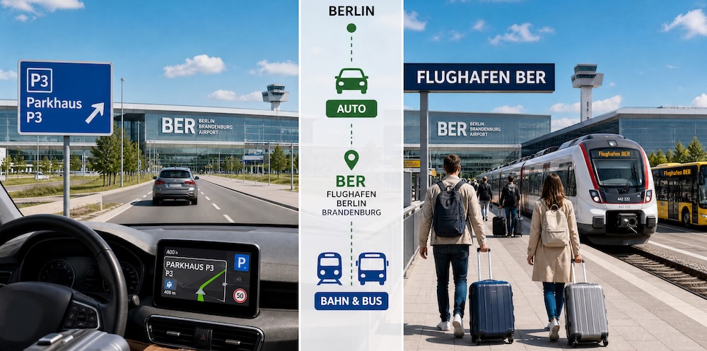 Wie erreichen Sie den Flughafen einfach mit dem Auto und öffentlichen Verkehrsmitteln?